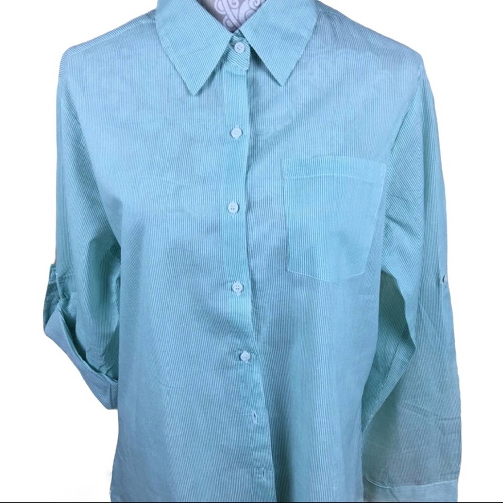 Women's Green Pinstriped Roll Tab Long Sleeve Button Shirt Top Size 1X
